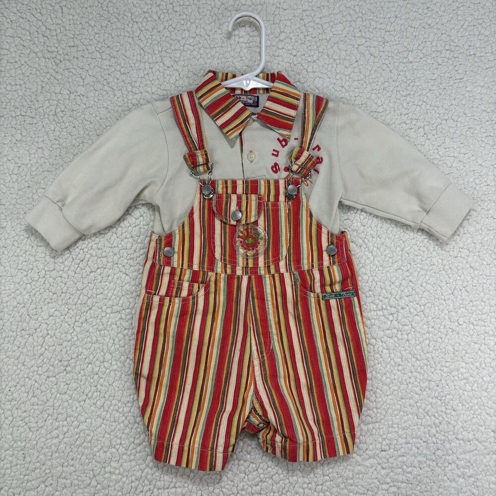 Vintage Striped Hippie Boho Overalls Shortalls Set Flower Baby Girl 90s Y2K